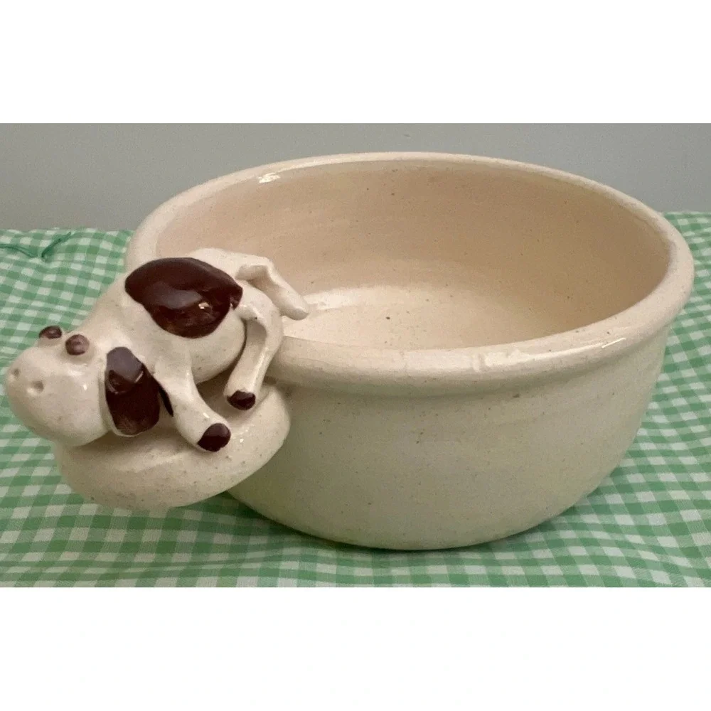 Sm Dog‎ Food Water Bowl White Dog Brown Spots Glazed Studio Pottery Signed 5
